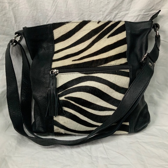 Black Italian Leather and Zebra Print Cowhide Shoulder Bag by Maurizio Taiuti - Picture 1 of 9